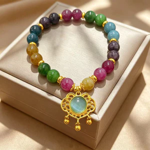 Mới Cầu Vồng Tourmaline Ruyi Khóa Vòng Tay Nữ Phong Cách Dân Tộc Handmade Đính Hạt Vòng Tay Ins Niche Thiết Kế Trang Sức Thời Trang