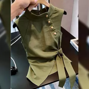 Mùa hè Phong cách mới Thiết kế kiểu Pháp Áo không tay nữ quân đội màu xanh lá cây cổ đứng Niche Áo sơ mi cao cấp