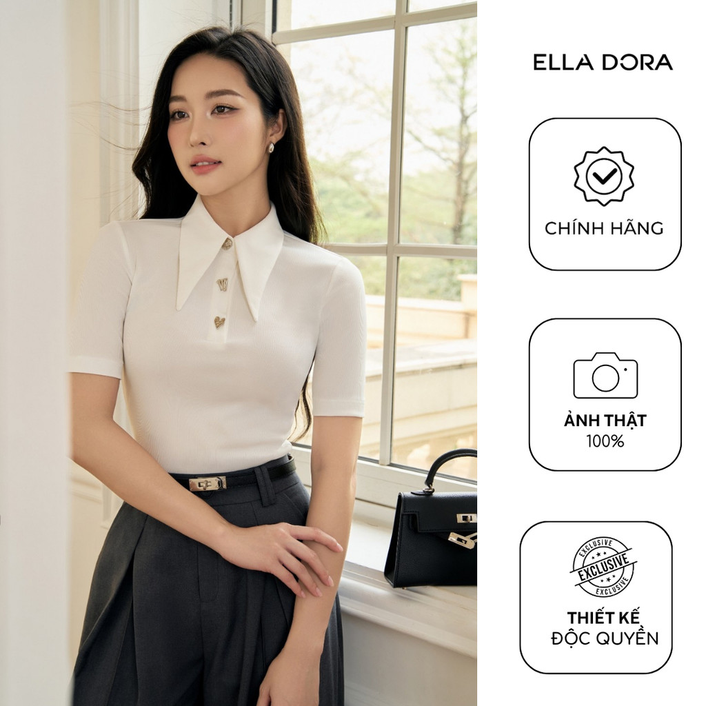 Áo thun công sở nữ ELLA DORA cổ nhọn cúc đồng form ôm tôn dáng dễ mặc 3 màu ĐỎ/ĐEN/TRẮNG [AT74]