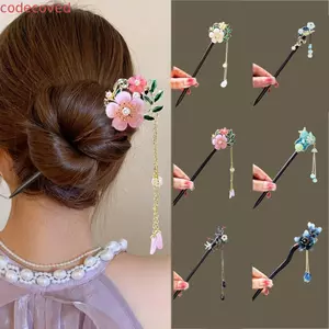 Que tóc hoa COCODECOVED, búi tóc Hanfu cổ điển thủ công, phụ kiện tóc phong cách Trung Quốc, nĩa tóc gỗ tua rua dành cho nữ và bé gái