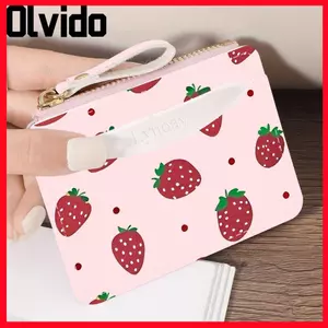 Ví kẹp thẻ OLVIDO, Hộp đựng thẻ tín dụng có dây kéo in hình dâu tây, Ví đựng tiền xu nhẹ siêu mỏng thời trang dành cho nữ Cô gái