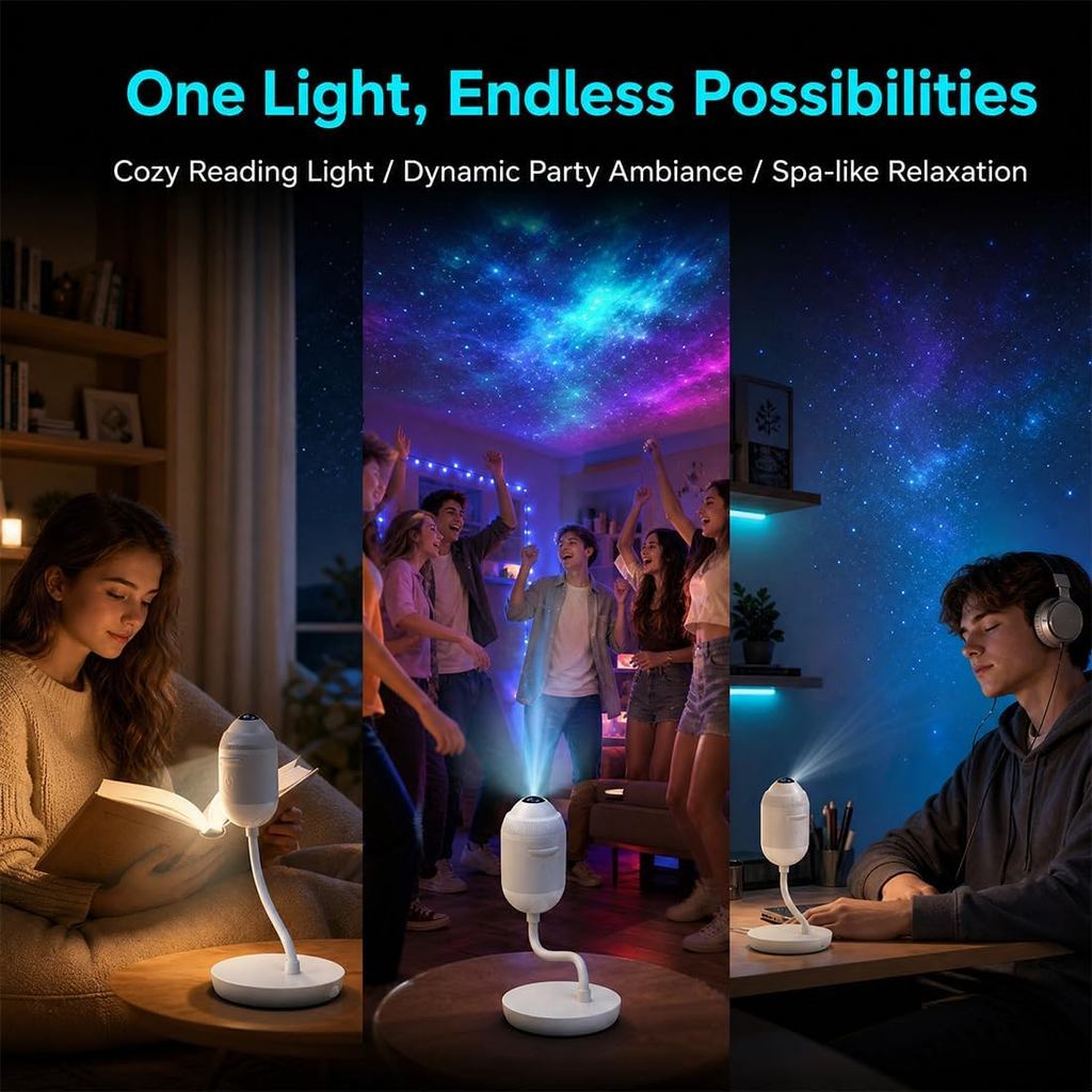 2-in-1 Galaxy Projector Night Light – HD 5D Starry Sky With 360° Gooseneck, Touch Dimmer & USB Power