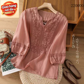 Giao hàng nội địa từ Việt Nam  Áo sơ mi vải lanh thêu màu xanh lá cây nhạt, 3/4 tay cổ chữ V - Thời trang hàng ngày