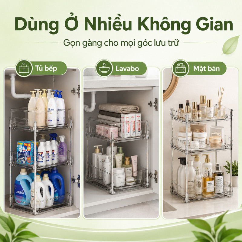 Kệ Rổ Kéo Trong Suốt 2/3 Tầng, Giá Để Đồ Dưới Bồn Rửa Tủ Bếp Phòng Tắm, Nhựa Cao Cấp