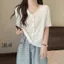 Áo thun ngắn tay cổ chữ V kiểu Pháp dành cho nữ Cảm giác cao cấp siêu đẹp thời trang Áo sơ mi nhỏ có viền nấm 6.23