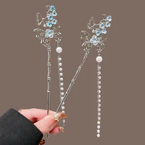 Kẹp Tóc Hoa Thủy Tinh Tua Rua Xanh Bước Lắc Mới Phong Cách Trung Quốc Tay Cầm Bên Kẹp Tóc Mũ Đội Đầu Sườn Xám Mát Phụ Kiện Tóc