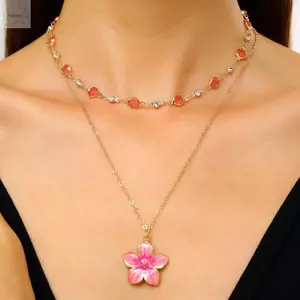 AWNGD 2 Cái / bộ Vòng Cổ Lớp, Vòng Cổ Mặt Dây Chuyền Hoa Giọng Mạ Vàng, Pha Lê Màu Hồng Ngọt Ngào Hai Lớp Dây Chuyền Pha Lê Nữ Cô Gái