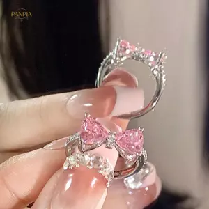 PNPIA- Thiết Kế Thời Trang Công Chúa Hồng Pha Lê Nơ Zircon Nhẫn Nữ Tinh Tế Ngọt Ngào Cô Gái Nhẫn Sinh Nhật Trang Sức Quà Tặng Phụ Kiện