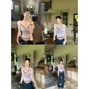 Girl Pure Desire Hot Girl Ren Màu sắc tương phản Áo yếm nữ Mùa hè Phong cách mới Áo Cardigan ren dài tay Bộ đồ hai mảnh