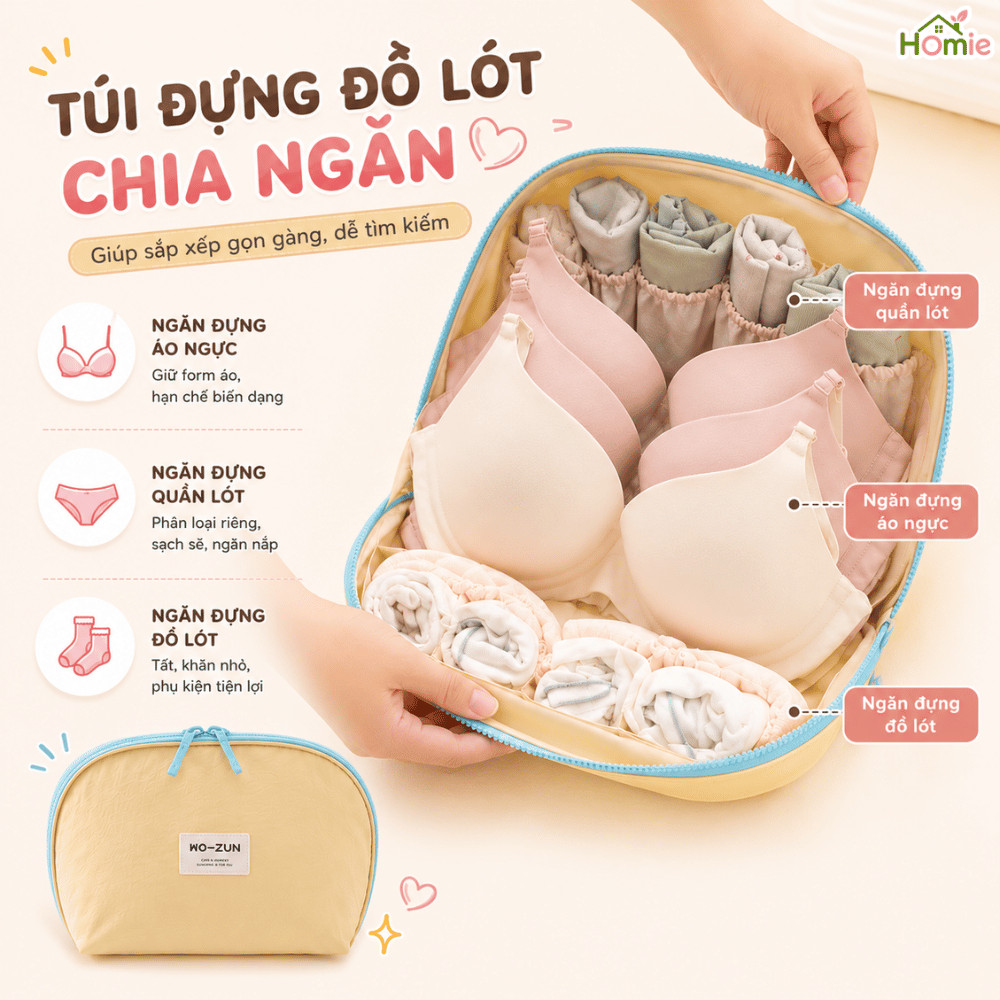 Túi Đựng Đồ Lót Du Lịch 3in1 HOMIE Vải Chống Thấm Gọn Nhẹ Nhiều Ngăn Đựng Nội Y, Tất, Đồ Cá Nhân