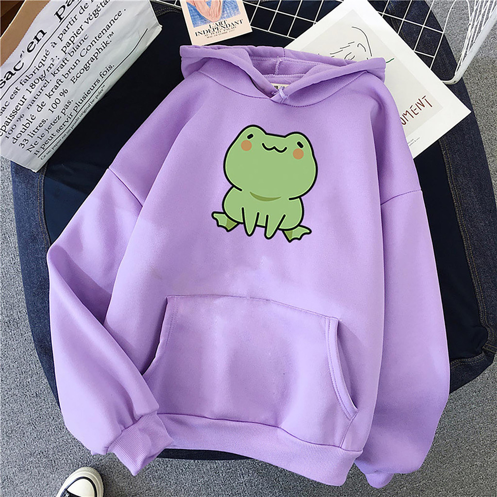 Áo hoodie nữ dài tay có mũ trùm đầu, thiết kế in hình ếch đáng yêu, phù hợp mùa thu