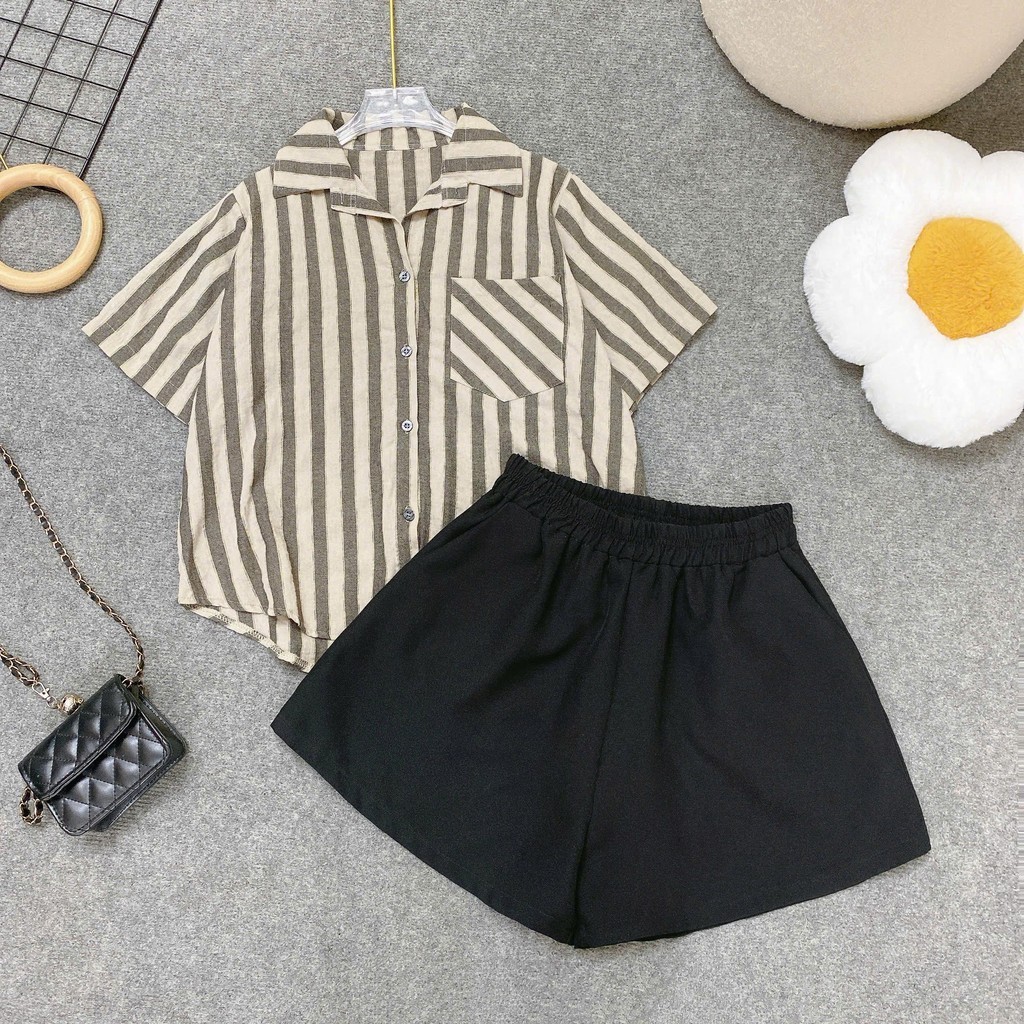 Set Bigsize Cô Nhỏ Nữ Áo Sơ Mi Lenin Kẻ Sọc Tay Ngắn & Quần Short Form Rộng Năng Động Mát Nhẹ - A288+Q500