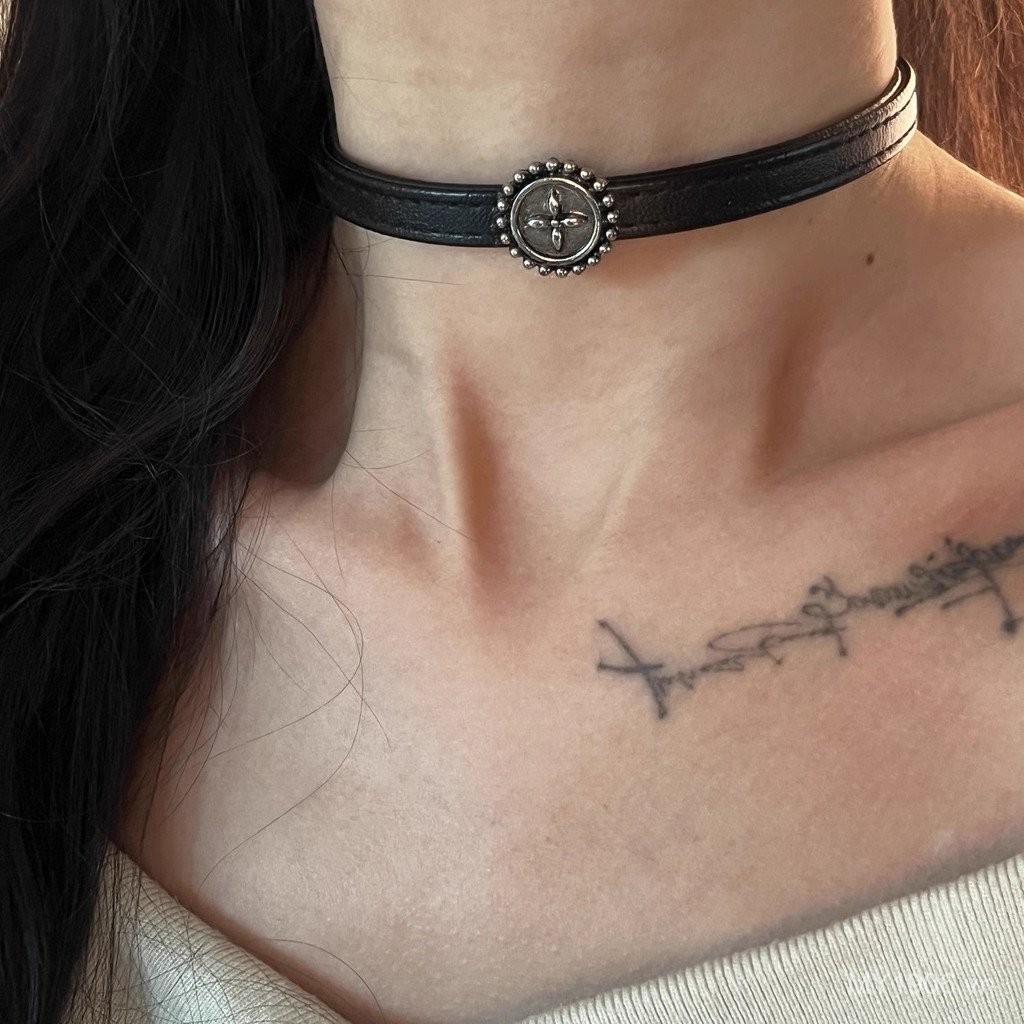 Vòng cổ vintage đen da choker phong cách punk với chi tiết dây xích và xương đòn, phù hợp văn hóa châu Á