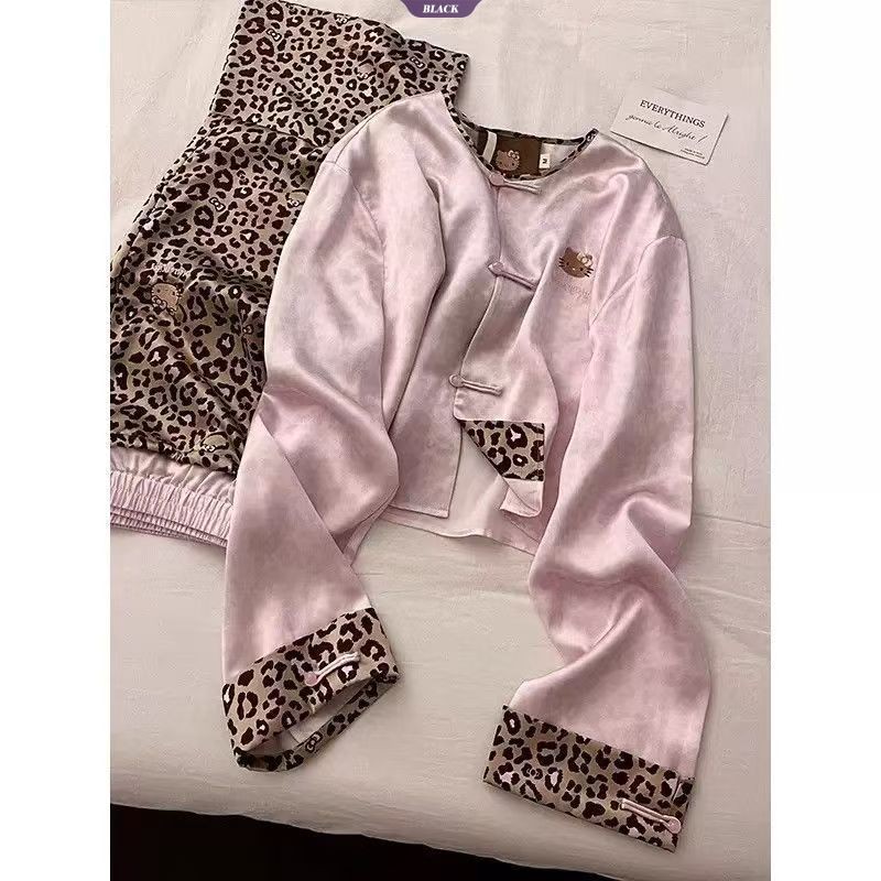 Bộ đồ ngủ Hello Kitty nữ, quần áo dài tay họa tiết da báo đáng yêu