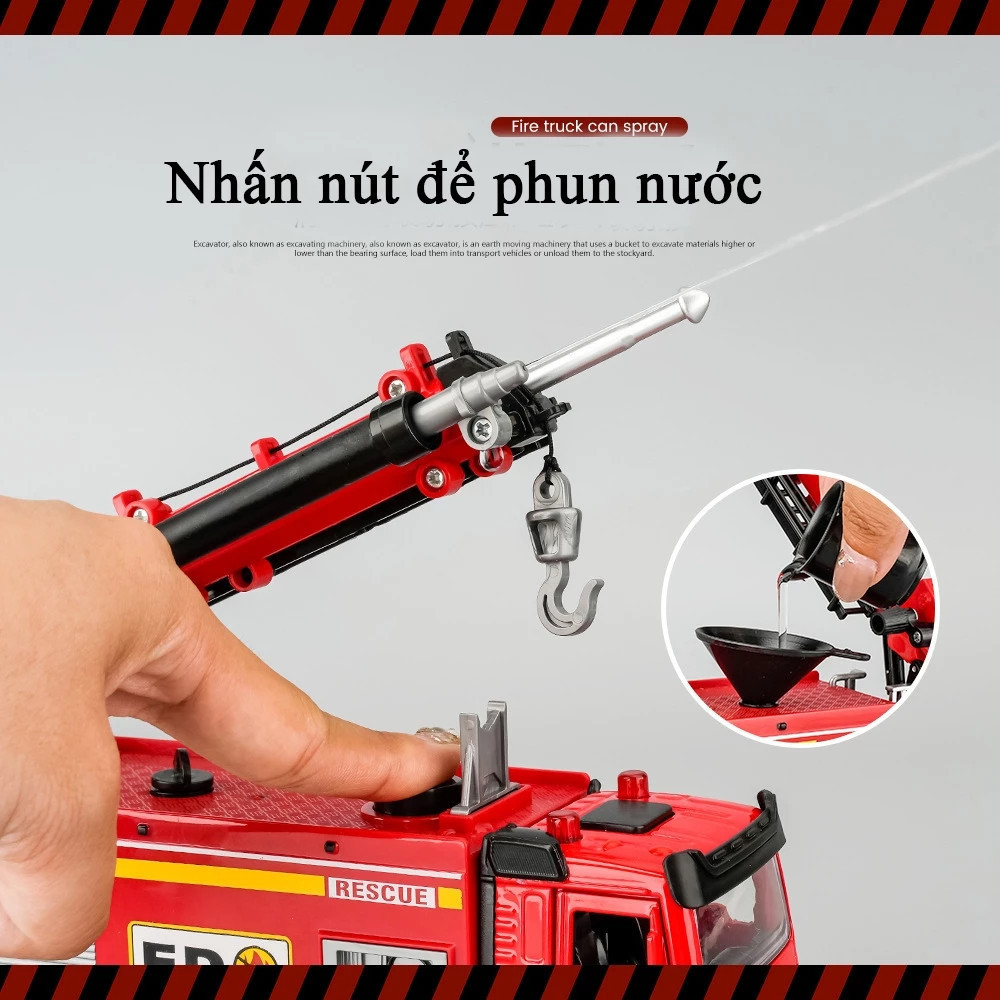 Đồ chơi xe cứu hoả 3 trong 1, bằng hợp kim, phun được nước, có nhạc đèn, kèm ròng rọc và thang nâng hạ