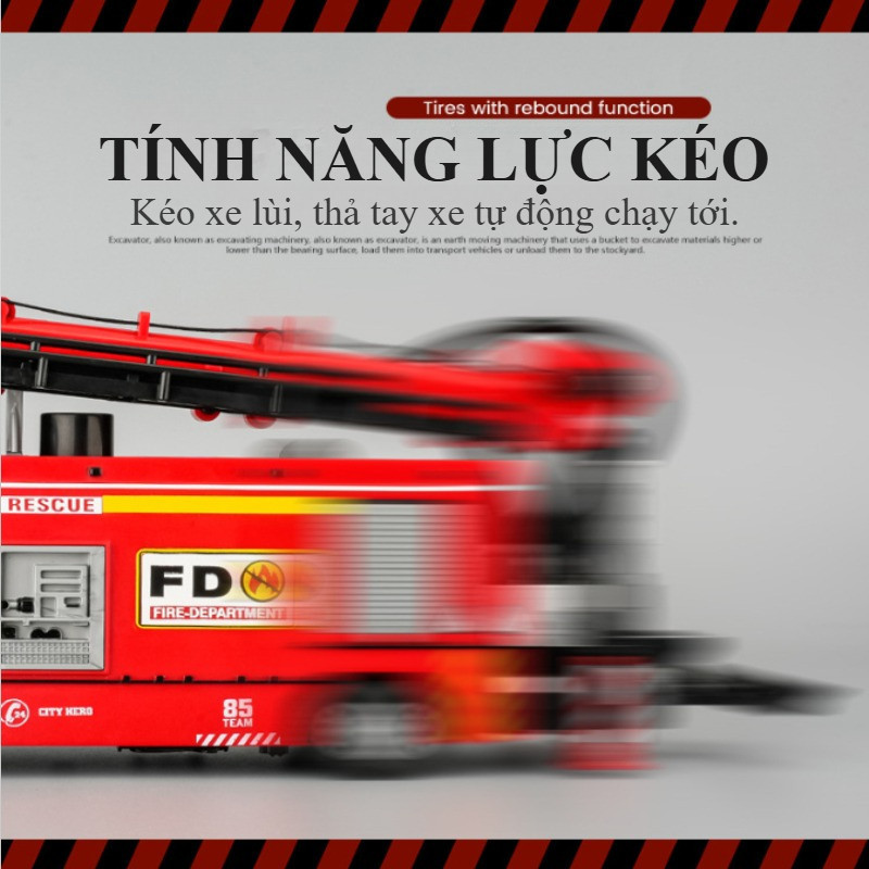 Đồ chơi xe cứu hoả 3 trong 1, bằng hợp kim, phun được nước, có nhạc đèn, kèm ròng rọc và thang nâng hạ