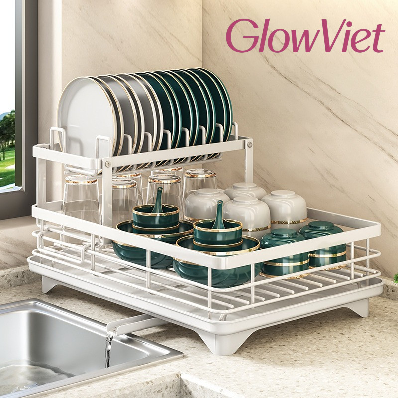 Kệ Đựng Bát Đĩa 2 Tầng - Khung Thép Carbon Bền, Khay Hứng Nước & Ống Thoát, Tiết Kiệm Diện Tích