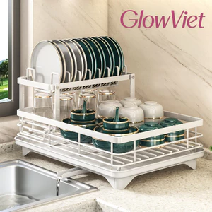 Kệ Đựng Bát Đĩa 2 Tầng - Khung Thép Carbon Bền, Khay Hứng Nước & Ống Thoát, Tiết Kiệm Diện Tích