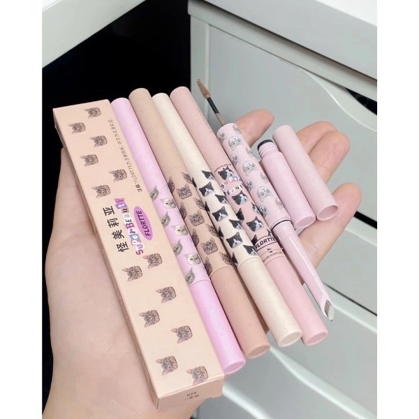 Chì kẻ mày mascara FLORTTE kẻ lông mày 2 đầu tiện dụng hình meow chống nước bám màu lâu trôi