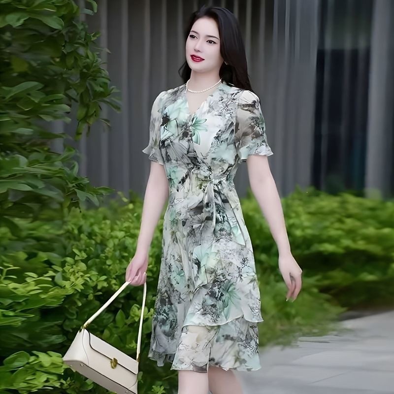 Đầm in hoa thanh lịch kiểu Pháp dành cho nữ, mẫu mới mùa hè 2026, dáng suông, đầm in tranh thủy mặc Trung Quốc.