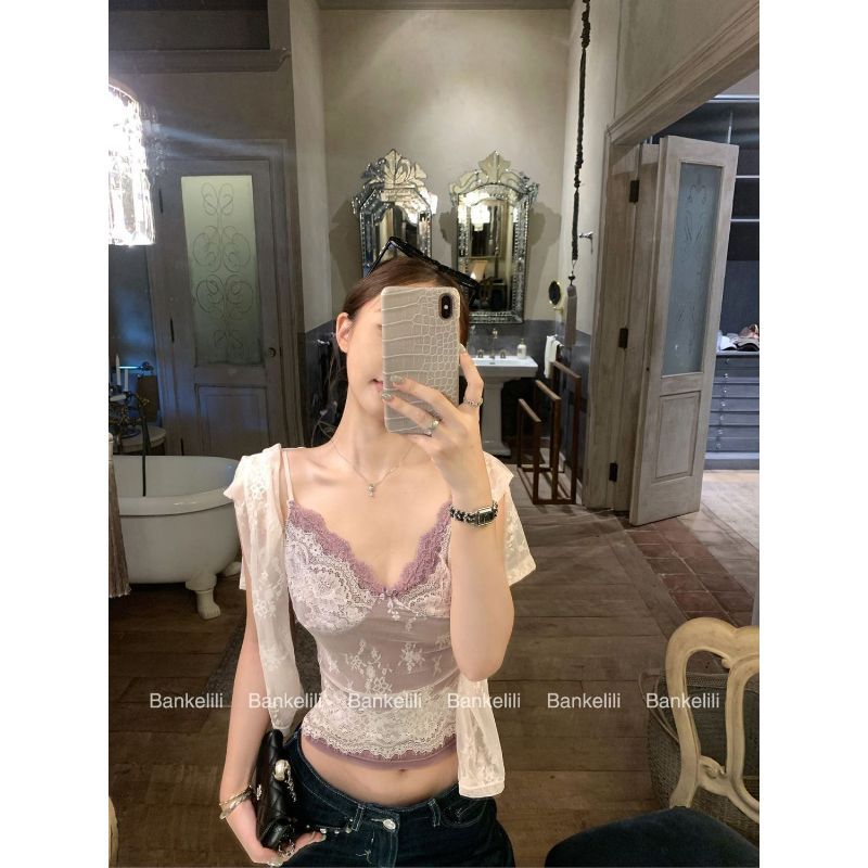 [Giảm giá 50%] Girl Pure Desire Hot Girl Ren Màu tương phản Áo yếm nữ Mùa hè Phong cách mới Áo Cardigan ren dài tay Bộ hai mảnh