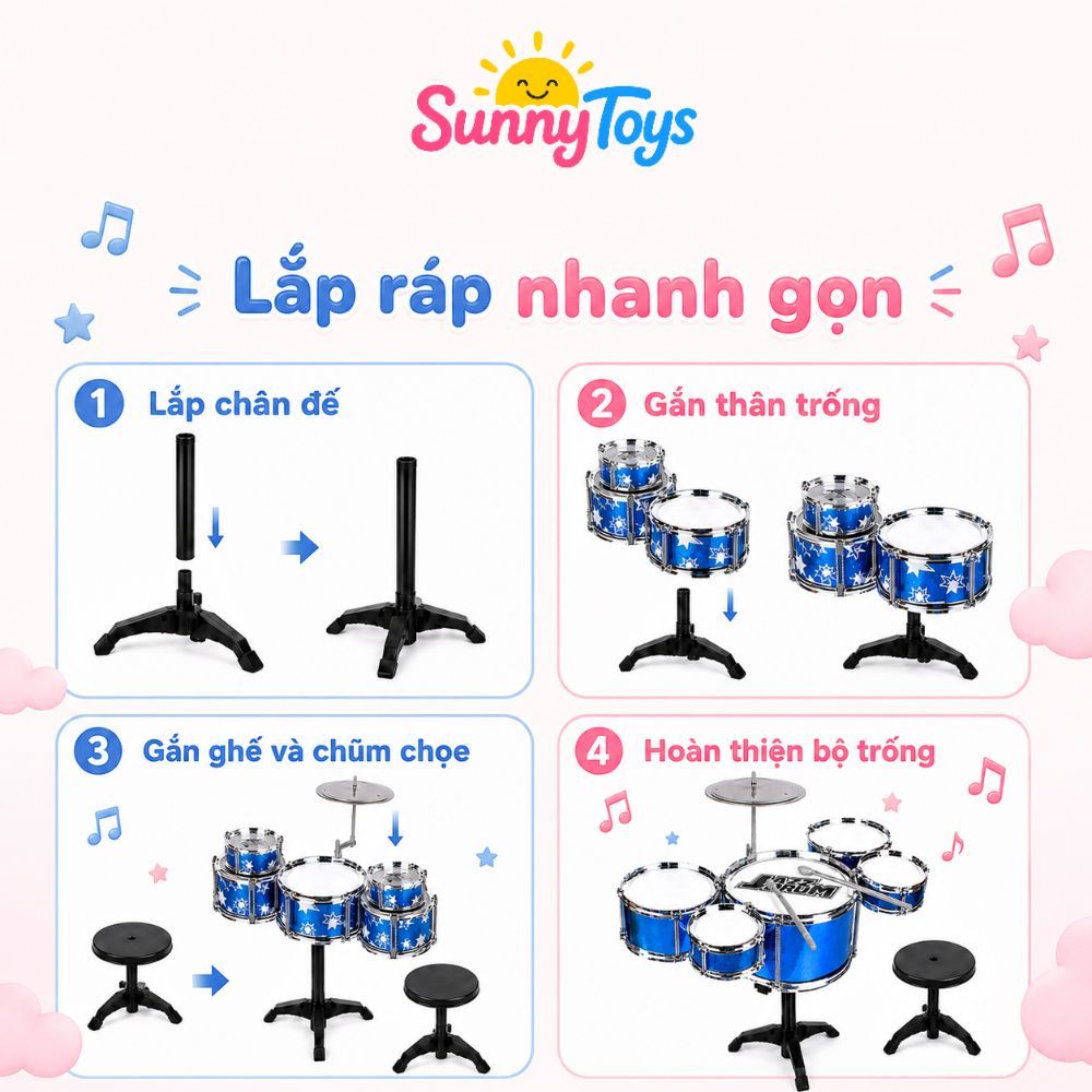 Dàn Trống Jazz Mini Sunnytoys Kèm Ghế - 5 Mặt Trống, 1 Chũm Chọe Cho Bé Vui Chơi Âm Nhạc