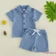 2 Bộ Trang Phục Bé Trai Tay Ngắn Cổ Ve Áo Màu Trơn Nút Xuống Áo Họa Tiết + Bộ Quần Short Eo Co Giãn