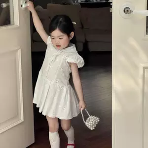 Váy sơ mi tay phồng cho bé gái (90-150) Váy trắng thêu tinh tế phong cách Preppy