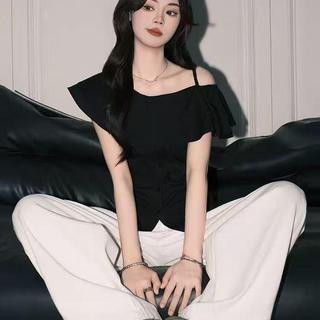 [Thời gian có hạn Seckill] Áo sơ mi đeo vai xù màu trắng có tính khí dành cho nữ sang trọng Slimmer Look Top Sản phẩm chính hãng siêu cổ tích