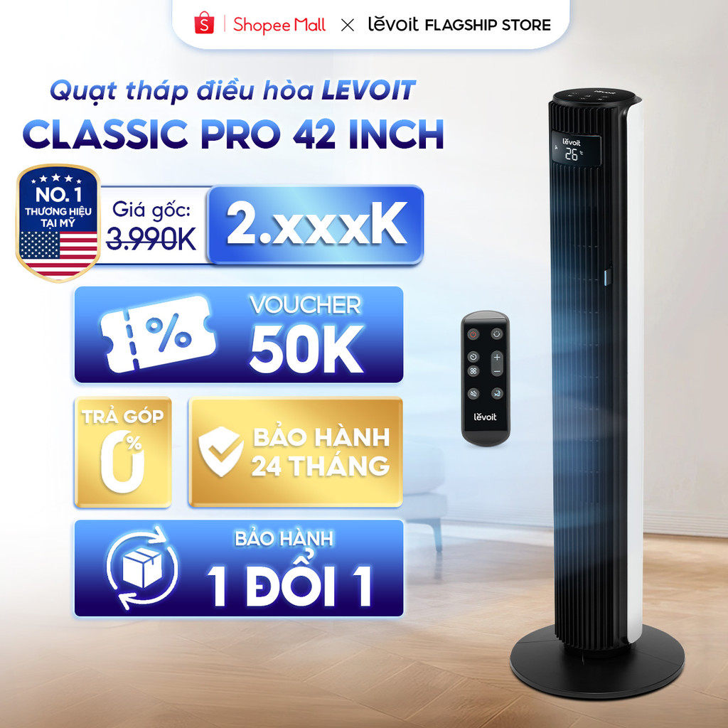 Quạt Tháp Điều Hòa Thông Minh Levoit Classic Pro 42 Inch | Cảm biến nhiệt độ - 12 cấp gió
