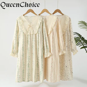 Phụ Nữ Cotton In Hoa Dài Tay Váy Ngủ Nữ Vinage Retro Đồ Ngủ Váy