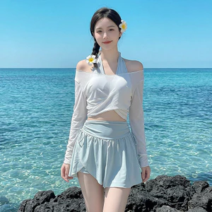 Bảo Thủ Đồ Bơi Nữ Sinh Mùa Hè Chia Ba Mảnh Bộ Đồ Chống Nắng Dài Tay Đi Biển Cô Gái Ngọt Ngào Bao Chuông