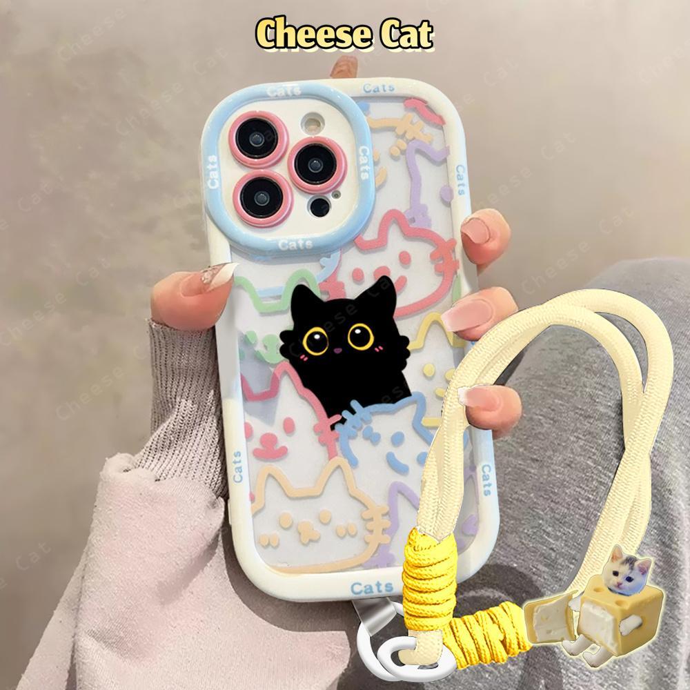 Ốp lưng mèo đen đường kẻ nhiều màu sắc cho iPhone 14 13 12 11 15 16 17 Pro Max XR 7 Plus Vỏ bảo vệ silicon có dây buộc