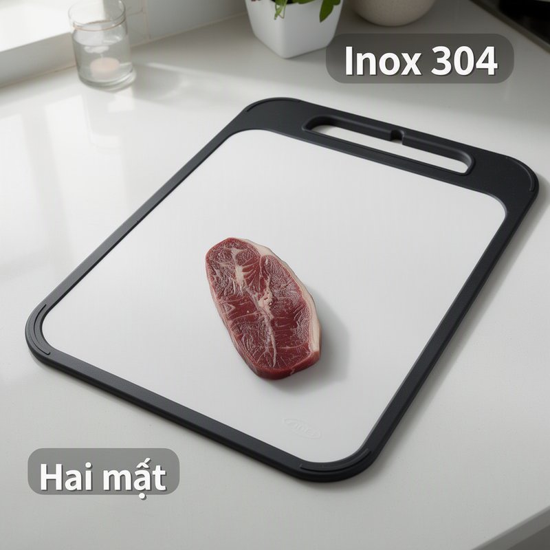 Thớt Inox 304 Nhựa PP Hai Mặt Kháng Khuẩn Chống Trượt Chống Mốc Rãnh Tách Sống Chín