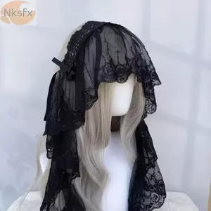 NKSFX Lolita Headband, Ren Xù Edge Gothic Mũ, Họa Tiết Hoa Punk Nơ Đen Trắng Bông Tai Kẹp Đầu Tiểu Văn Hóa