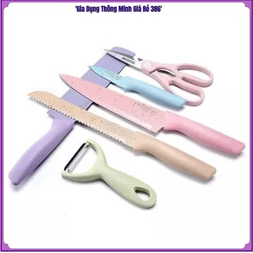 BỘ DAO NHÀ BẾP 6 MÓN CAO CẤP, Dao Lúa Mạch Cán Nhựa, Lưỡi Dao Chống Gỉ, Dao Thái, Dao Gọt, Kéo Nhà Bếp, Kèm Hộp