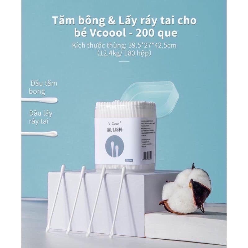 Combo 5 hộp Tăm Bông Vcool  Hộp 200 Chiếc Làm Sạch Vùng Mắt, Mũi, Tai Cho Bé