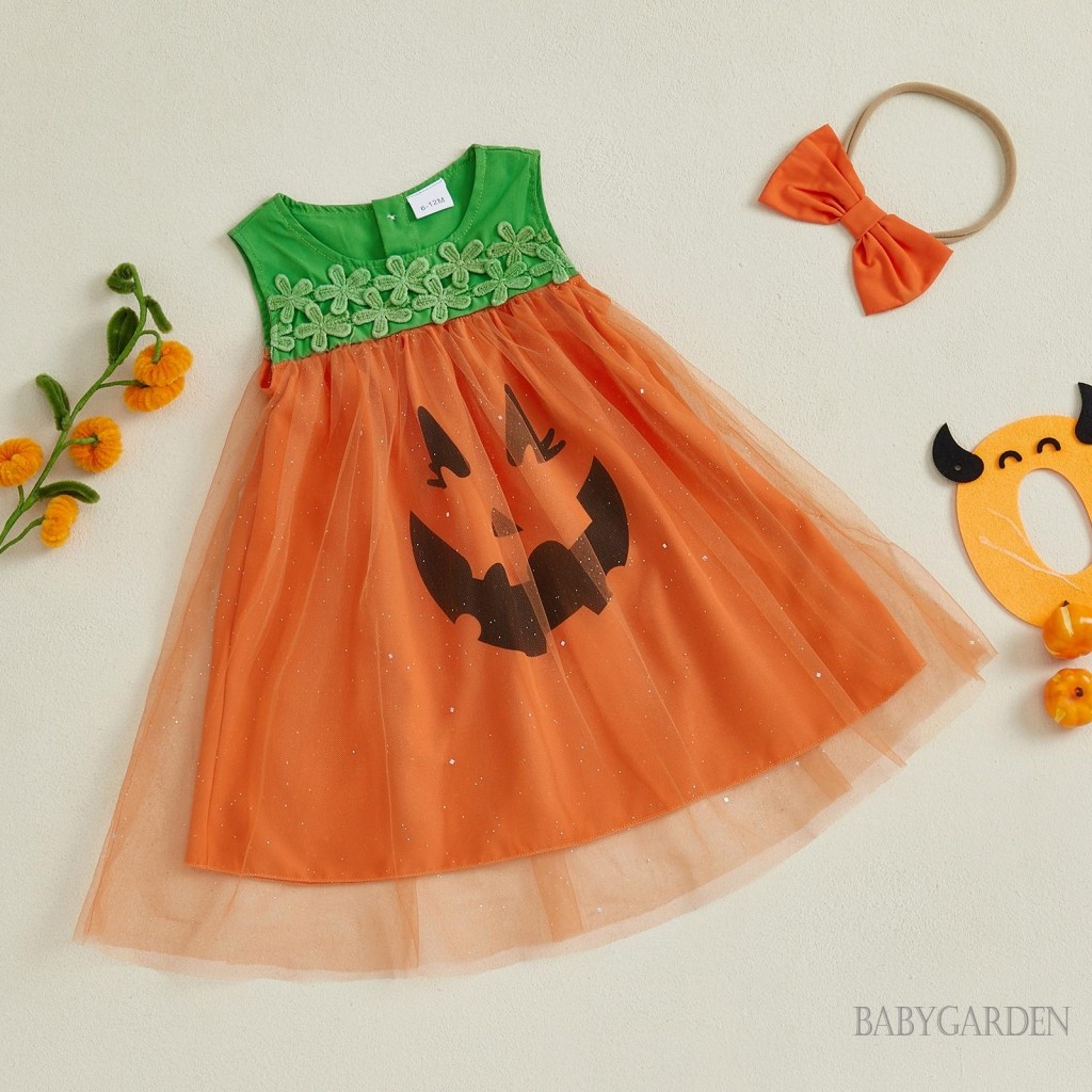 Bé Gái Tập Đi Halloween Xe Tăng Không Tay Cổ Tròn Bí Ngô Mặt In Lưới Đầm Có Băng Đô