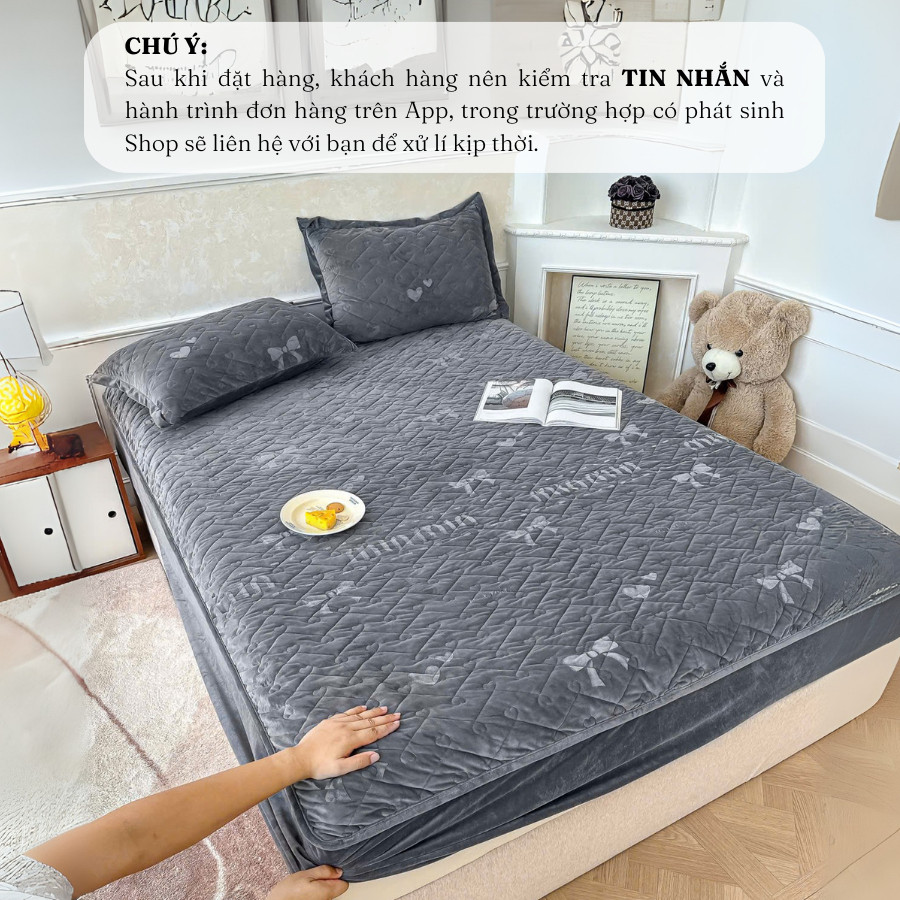 Bộ ga gối nỉ nhung lì MemMinBedding Luxury ga bọc chun trần thiết kế tinh tế, ấm áp, mềm mại - GG171