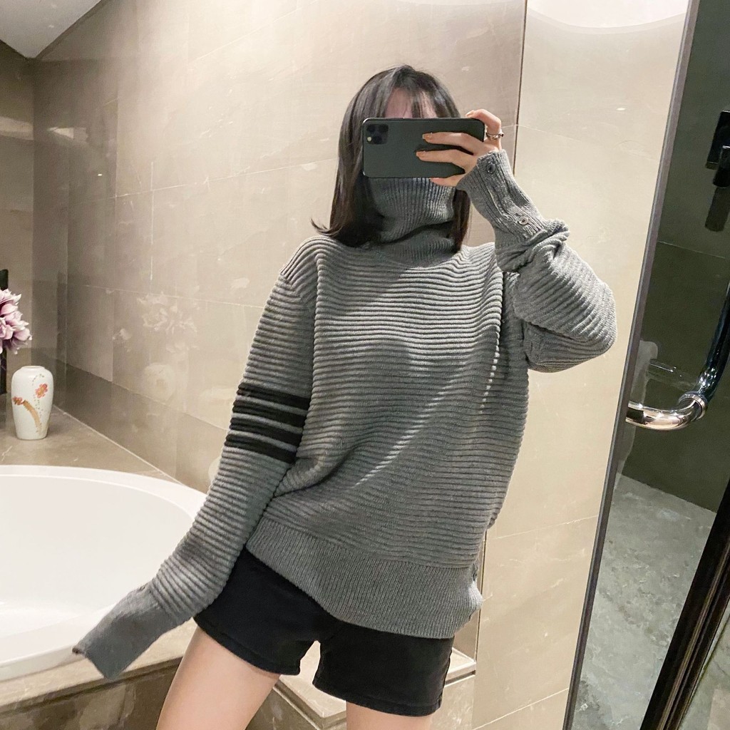 thombrowne 8879High Neck Striped Sweater Knitted High Neck Pullover Fashion Slim Round Neck Cotton Elegant Commuter Knitwear