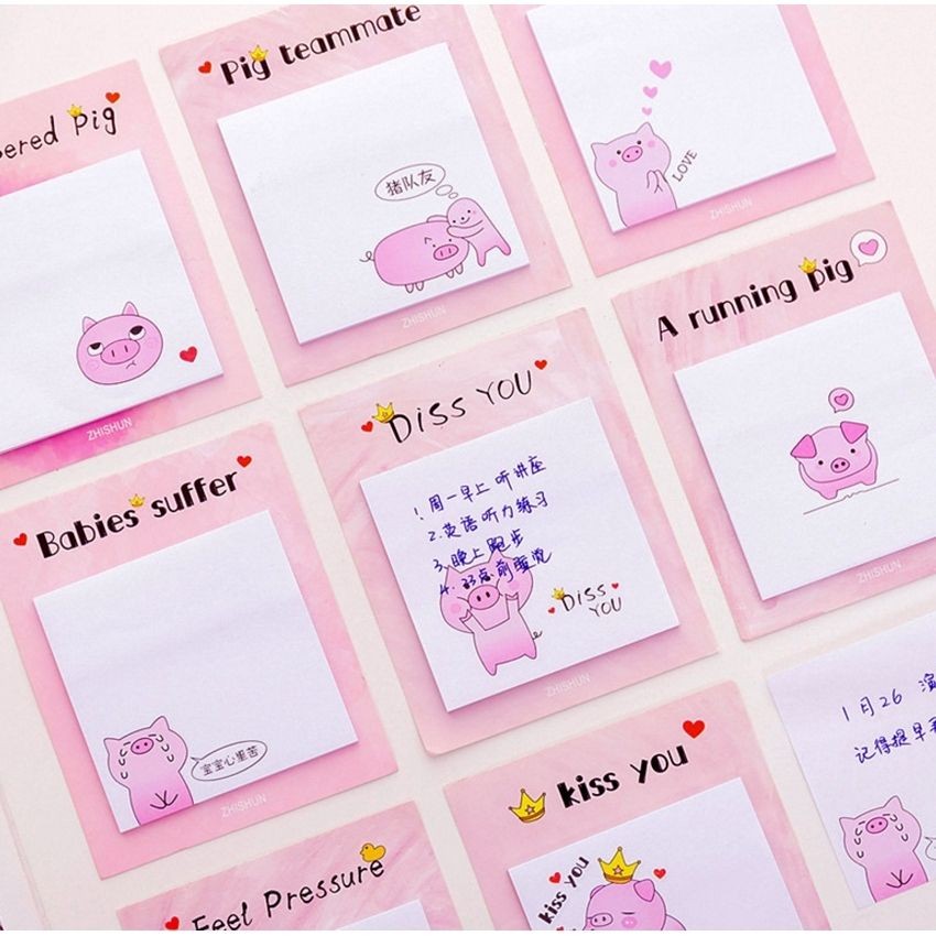 Giấy ghi chú - giấy note hình bé heo hồng 9x11cm (xấp 20 tờ)