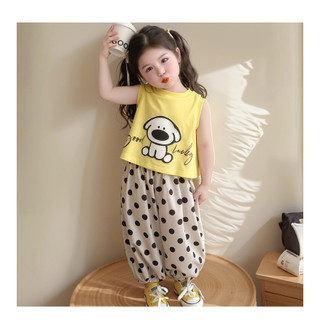 Bộ đồ bé gái mùa hè dễ thương - Áo thun in hình chó + quần chấm bi rộng rãi