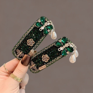 MAUROPOLI [Sẵn Sàng] Retro Ngọc Lục Bảo Full Kim Cương Kẹp Tóc Hoa Kim Cương Giả Tua Rua Ngọc Trai Phá Kẹp Ánh Sáng Sang Trọng
