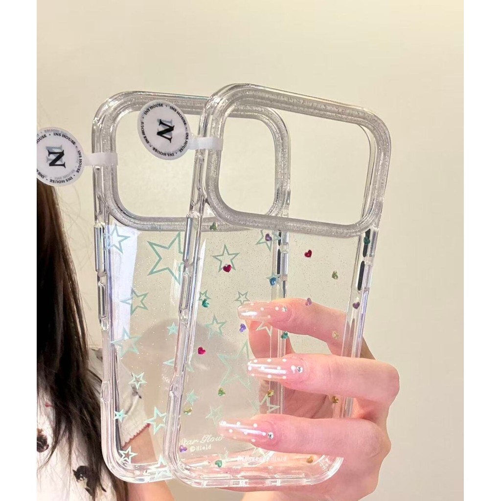 Trong Suốt Trong Suốt Đáy Ngôi Sao Tình Yêu Ốp Lưng Điện Thoại Thích Hợp Cho iphone17promax Phong Cách Hàn Quốc Thích Hợp Cho iPhone16pro Vỏ Bảo Vệ Điện Thoại Bạc Hà Xanh Toàn Màn Hình Kim Cương Màu
