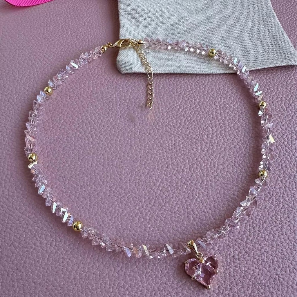 Vòng cổ handmade pha lê zircon với thiết kế đồng hồ kẻ sọc và trái tim ánh sáng sang trọng, dây thép không gỉ