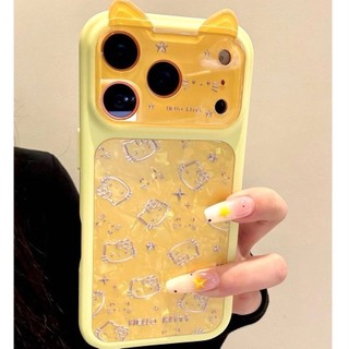 Ốp điện thoại hình mèo toàn màn hình Acrylic màu vàng dễ thương Thích hợp cho iPhone17 Pro Max 16 15 Pro Max Bảo vệ Camera chống sốc Vỏ cứng chống rơi