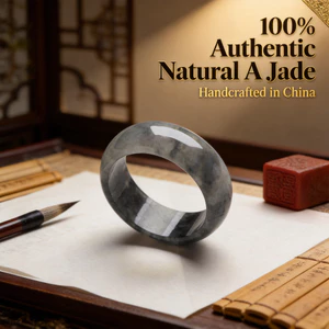 Nhẫn Ngọc Gà Đen Unisex Natural A Jade - Họa Tiết Xám Bóng - Đa Kích Thước 15-21mm