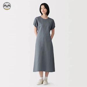 Phong cách Nhật Bản Muji Style / Váy ngắn tay xếp ly bằng vải lanh mùa hè bằng vải lanh Cotton / Váy thẳng dáng rộng thon gọn hơn / Váy thoải mái thoáng khí