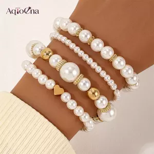 AqToCna 4 Vòng Tay Đính Hạt Ngọc Trai Hợp Thời Trang Cho Nữ Hạt Có Thể Điều Chỉnh Dây Xích Co Giãn Lắc Tay Nữ Sang Trọng Trang Sức Dự Tiệc Quà Tặng AqToCna
