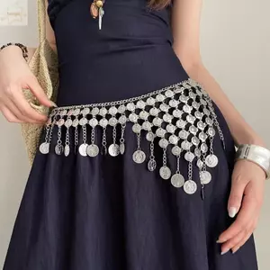AWNGD Bụng Khiêu Vũ Thắt Lưng Dây Xích, Hạt Kim Loại Bạc Tua Rua Đai Khiêu Vũ Bụng, Tua Vàng Y2K Bụng Nhảy Múa Khăn Hông